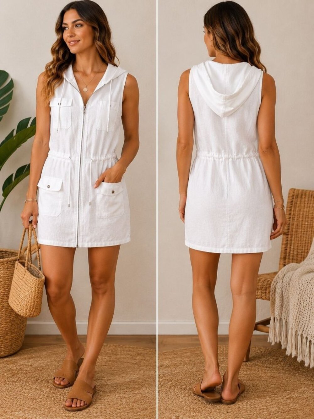 St. Tropez West Women’s L 100% Linen Hooded Dress White Coastal Resort Boho